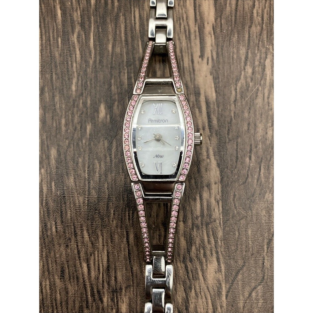 Armitron Watch Women Silver Tone Pink Rhinestones White Dial New Battery 6.75